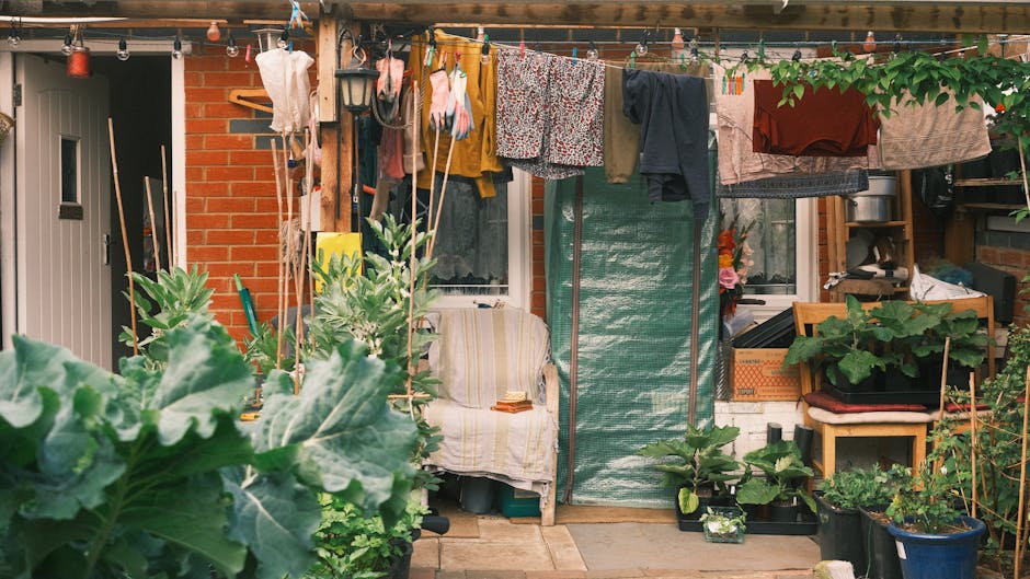 A view of a community garden near Deptford Market Yard SE8 showing a variety of cultivated beds with leafy greens, herbs, and flowering plants. The garden features raised wooden beds and low fences, w